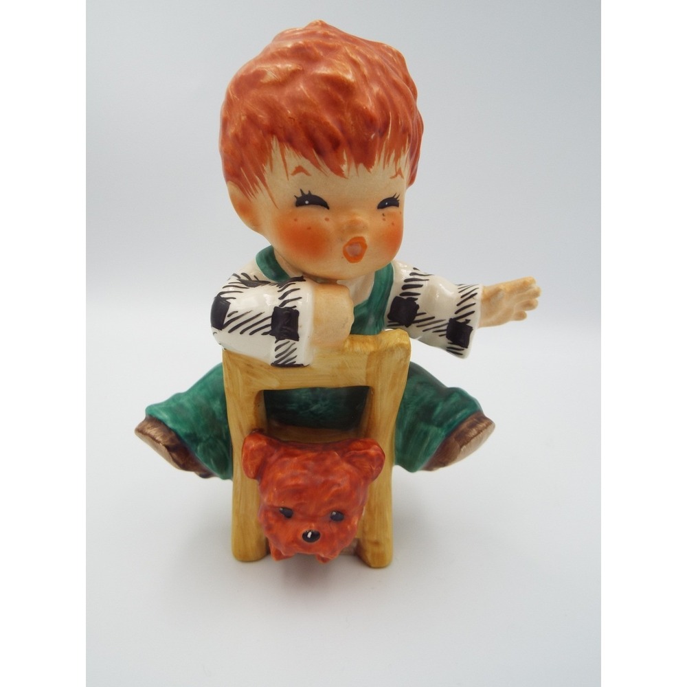 #44 - Vintage Goebel Hummel Red Hair Boy on Chair with Dog Figurine